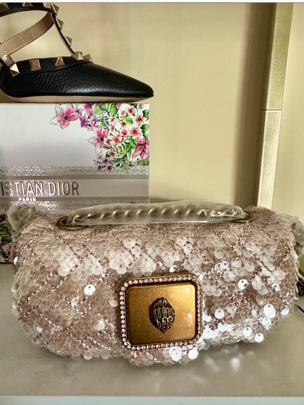 Kurt Geiger Champagne Sequin Nano Bag with Gold Tone Clasp NWT